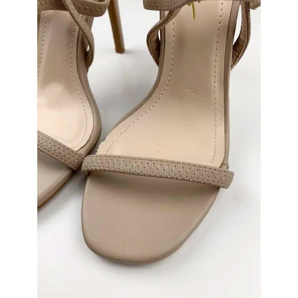 Lulus Babie Strappy High Heel Sandals Beige Faux Leather Women's 7.5 Neutral